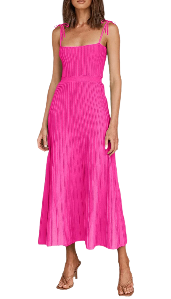 A flattering view of the ribbed maxi dress with thin straps.
